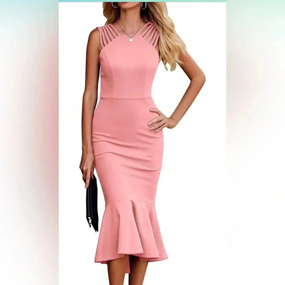 Women’s PRETTY GARDEN  Elegant Midi Bodycon Dress Ruffle Hem Medium Pink NWT - Picture 1 of 6